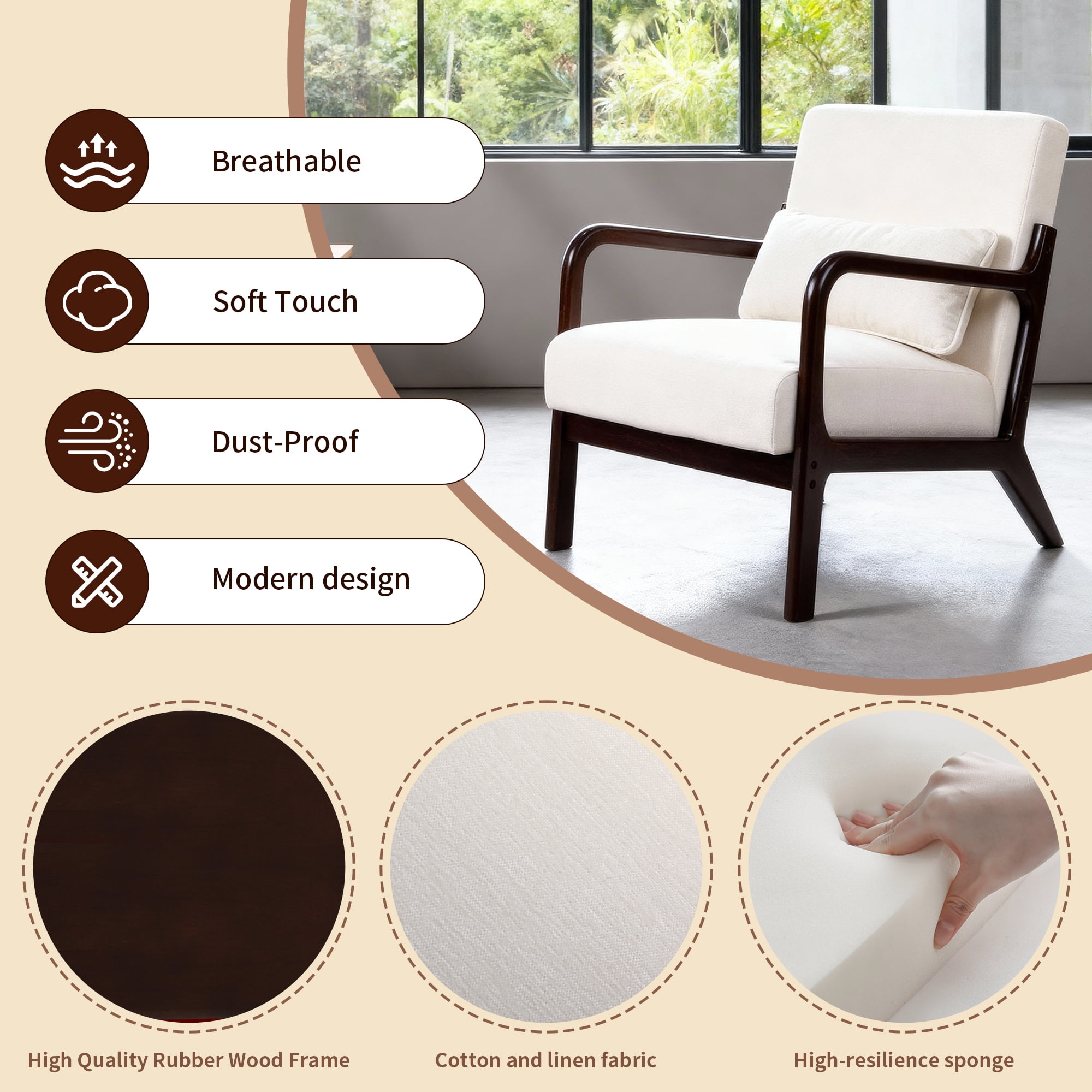 Jopath Accent Chair,Mid Century Modern Armchair with Solid Wood Frame and Detachable Lumbar Pillow for Living Room,Bedroom,Office(Beige)