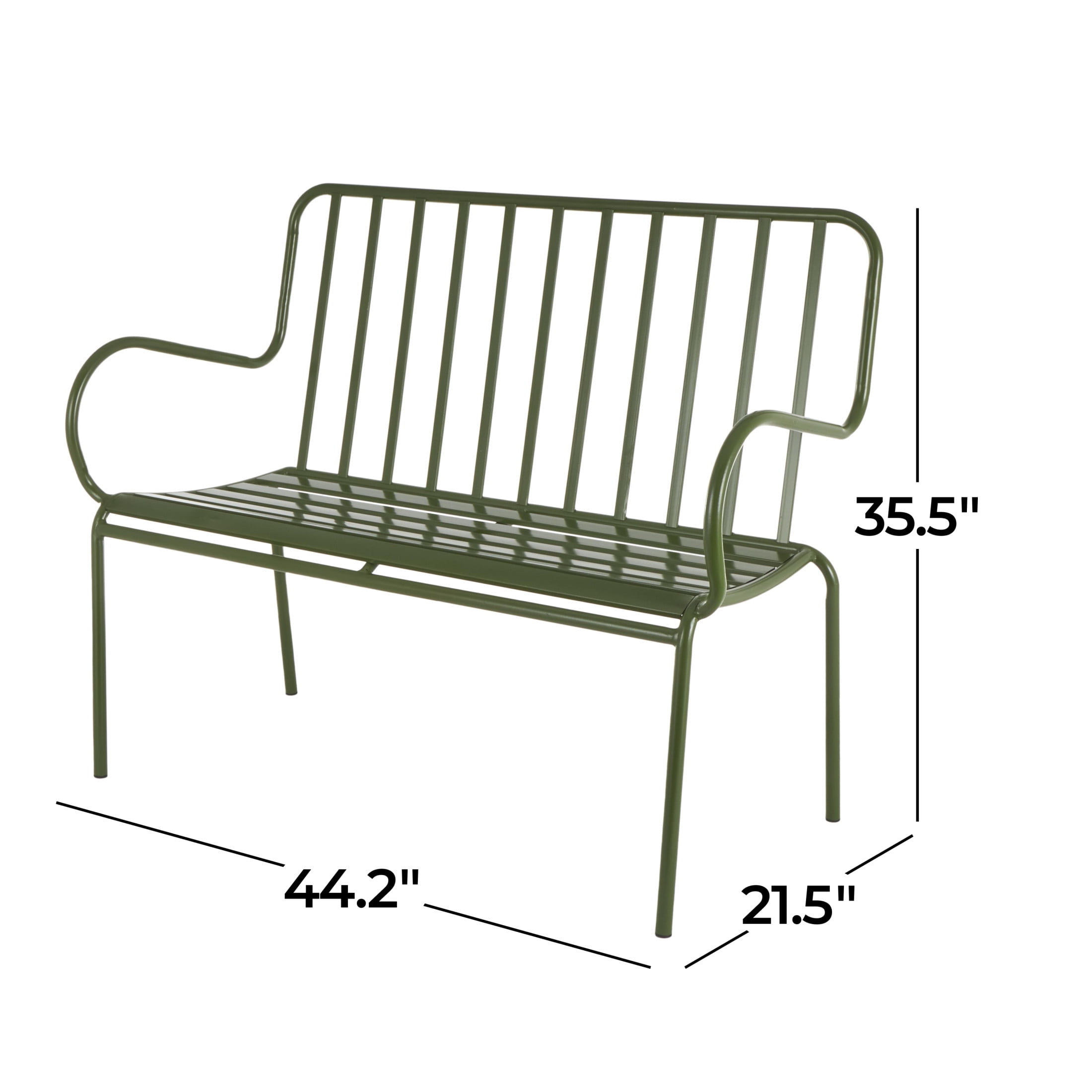 DecMode Metal Slatted Outdoor Bench with Curved Armrests, Green