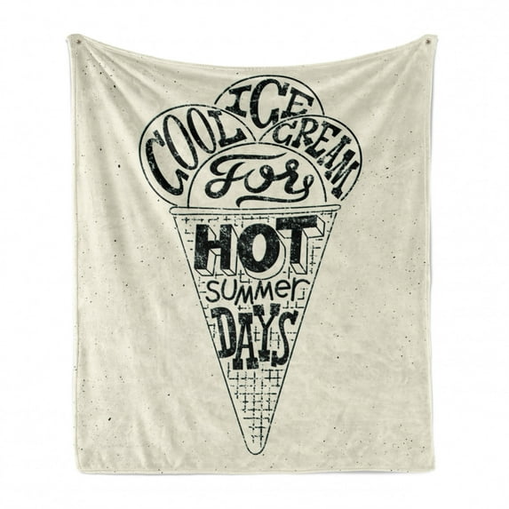 Ice Cream Soft Flannel Fleece Blanket, Grunge Style Cool Ice Cream for Hot Summer Days Words Lifestyle Print, Cozy Plush for Indoor and Outdoor Use, 50" x 60", Coconut Charcoal Grey, by Ambesonne