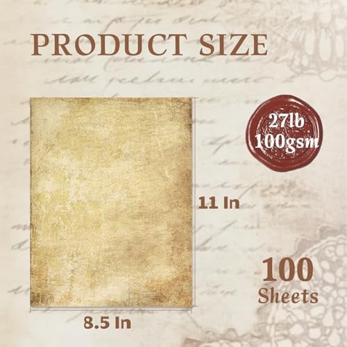 Tekola Vintage Stationery Paper, Parchment Printer Paper 8.5 x 11, 100 Sheets Aged Stationery for Letter Writing, Certificates, Diplomas, Resumes, Crafts（100 GSM）