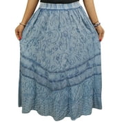 Mogul Women's Stonewashed Long Skirt Blue Embroidered A-Line Boho Chic Summer Skirts