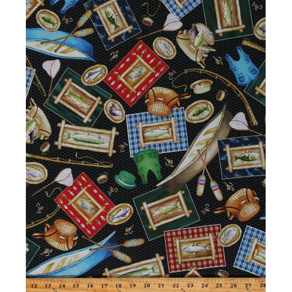Cotton Lake House Motifs Fishing Cabin Canoes Lures Fishing Poles Keep it Reel Black Cotton Fabric Print by the Yard (07931-12)