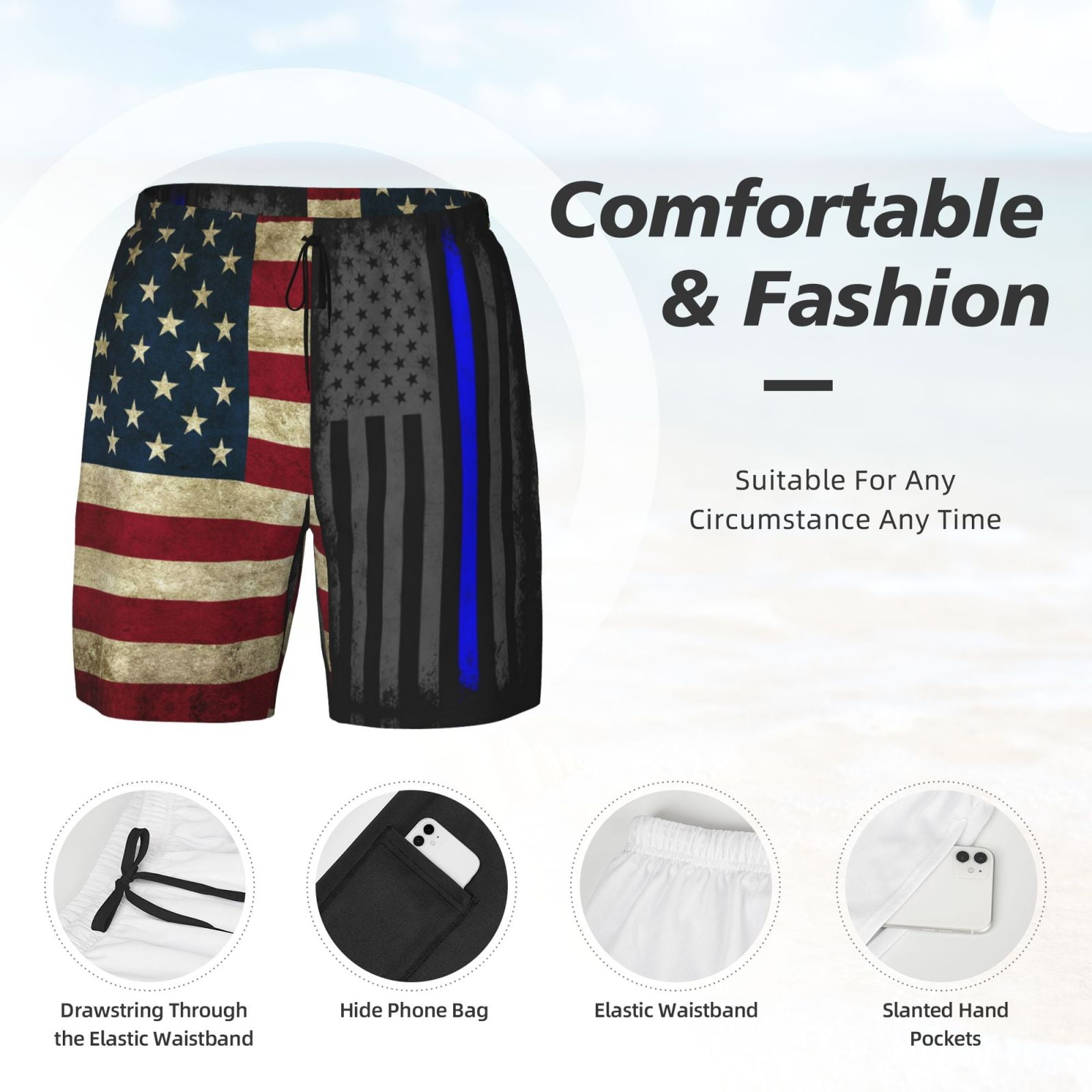 Men's America Thin Blue Line Flag Swim Trunks with Compression Liner Bathing Suit Swimwear