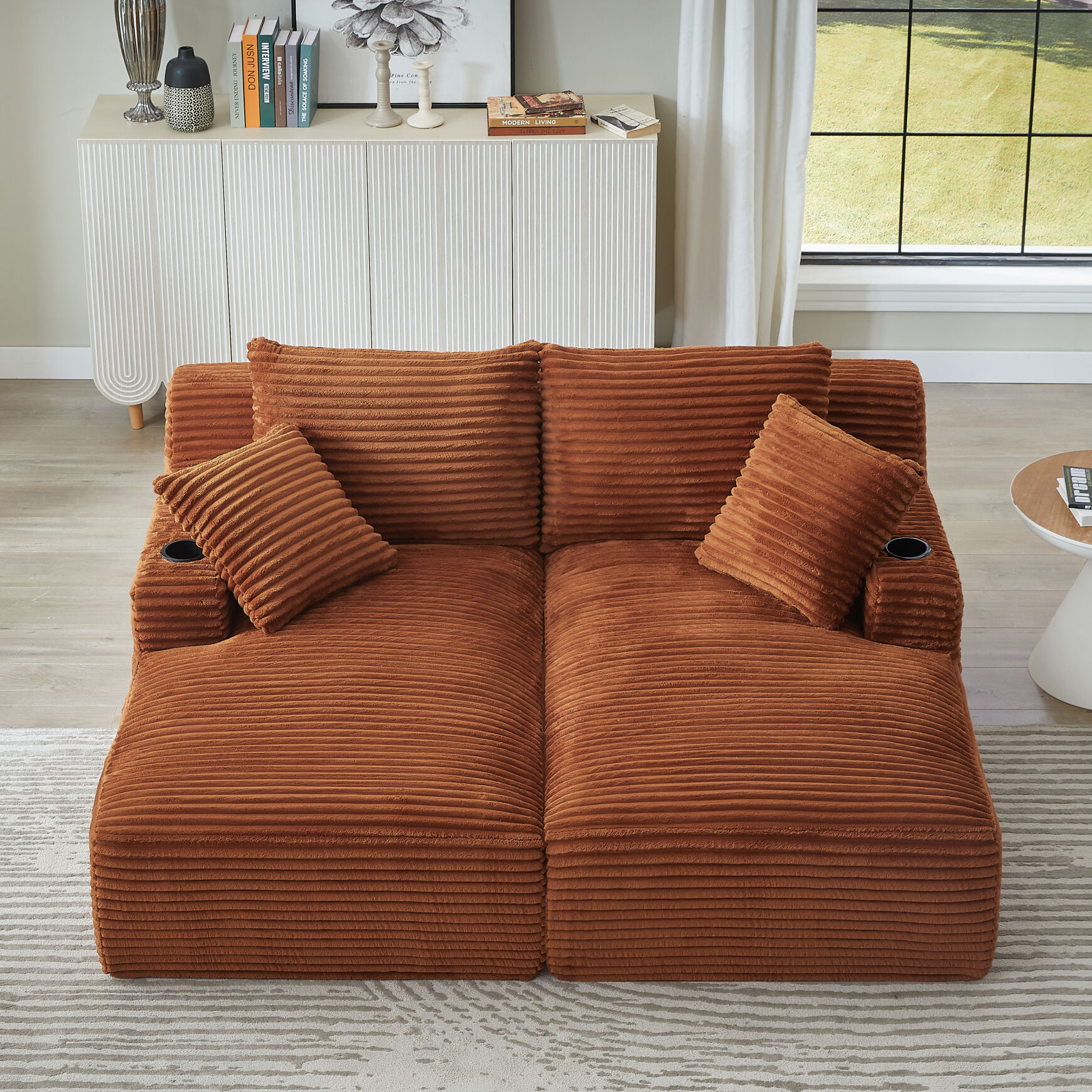 71" Oversized Double Chaise Lounges Indoor, Upholstered Corduroy Sofa Bed with Dual Cup Holders, Sectional Sleeper Loveseat for Living Room, Orange