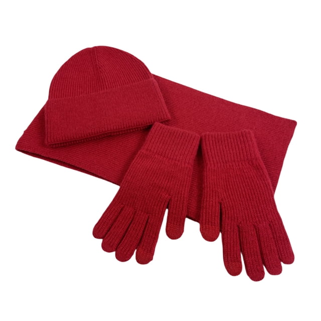 MIASHUI Solid Color Knit Hat, Scarf, and Gloves Three-Piece Set, Knit Fake Wool Yarn Scarf Red Christmas Hat Set RD1