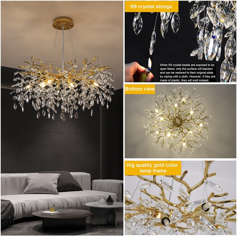 Contemporary Crystal Chandelier – Gold Tree Branch Design, 31.5” Wide, Adjustable Hanging, 10 G9 Bulbs