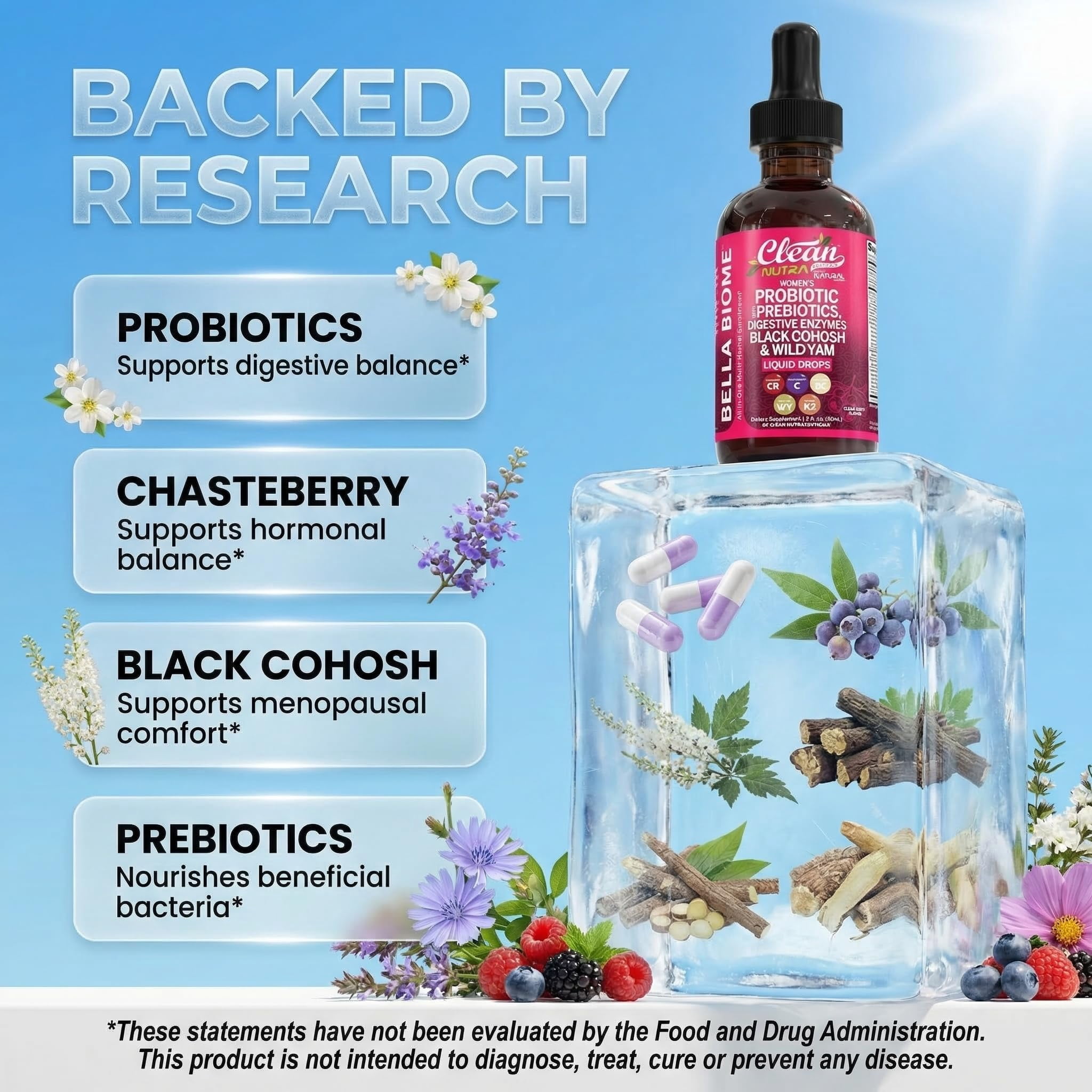 Liquid Probiotics for Women Drops with Chasteberry, Black Cohosh, Prebiotics, Digestive Enzymes, Evening Primrose Oil, Wild Yam, Cranberry Dmannose and Iron Vitamin D3 K2 Clean Nutra Bella Biotics
