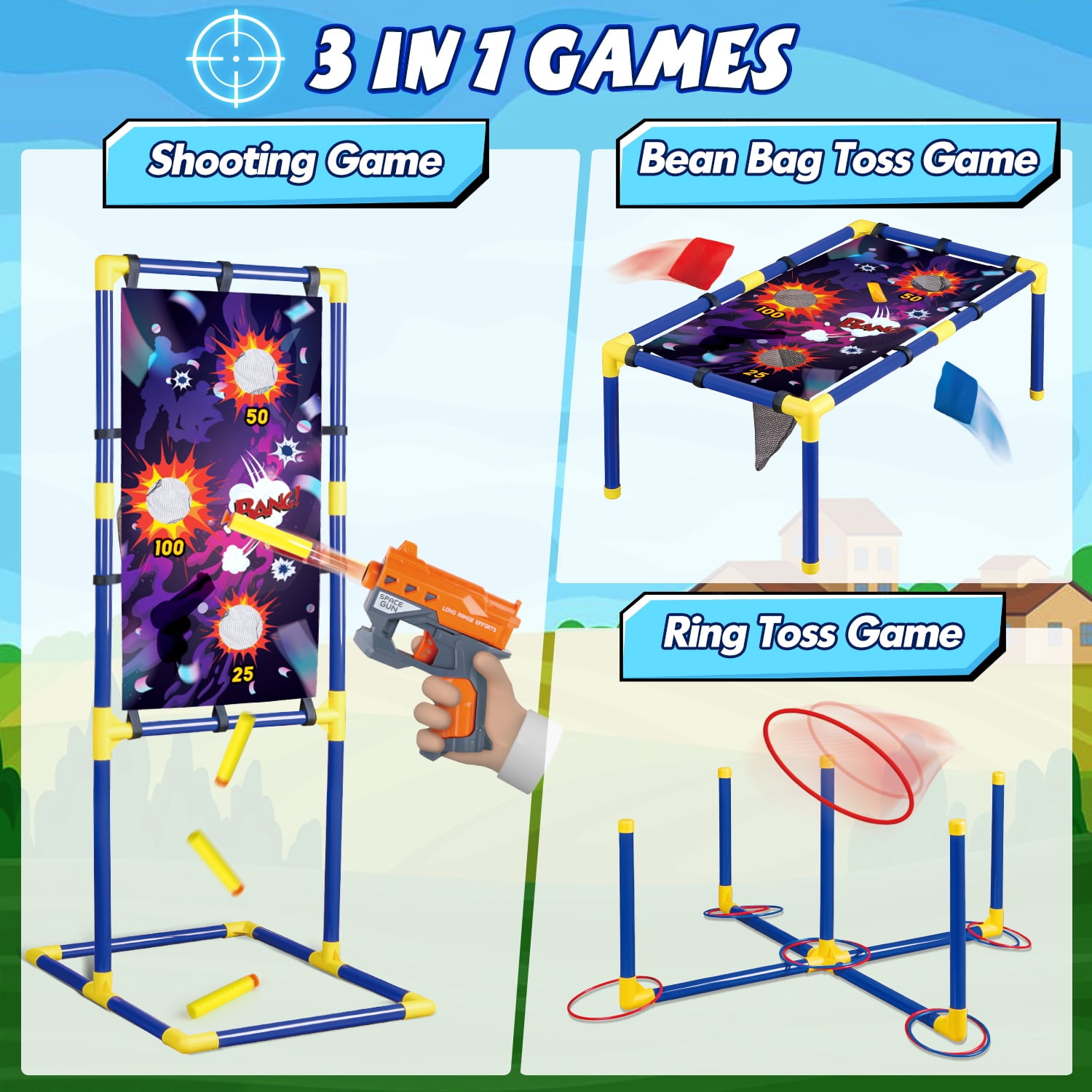 UQN Bean Bag Toss Game for Kids 3-8, 3-in-1 Outdoor Cornhole Game Set with Shooting & Ring Toss Games for Kids, Backyard Indoor Outside Toys for Boys Girls Ages 5 6 7 8 9 10, Birthday Party Game Gift
