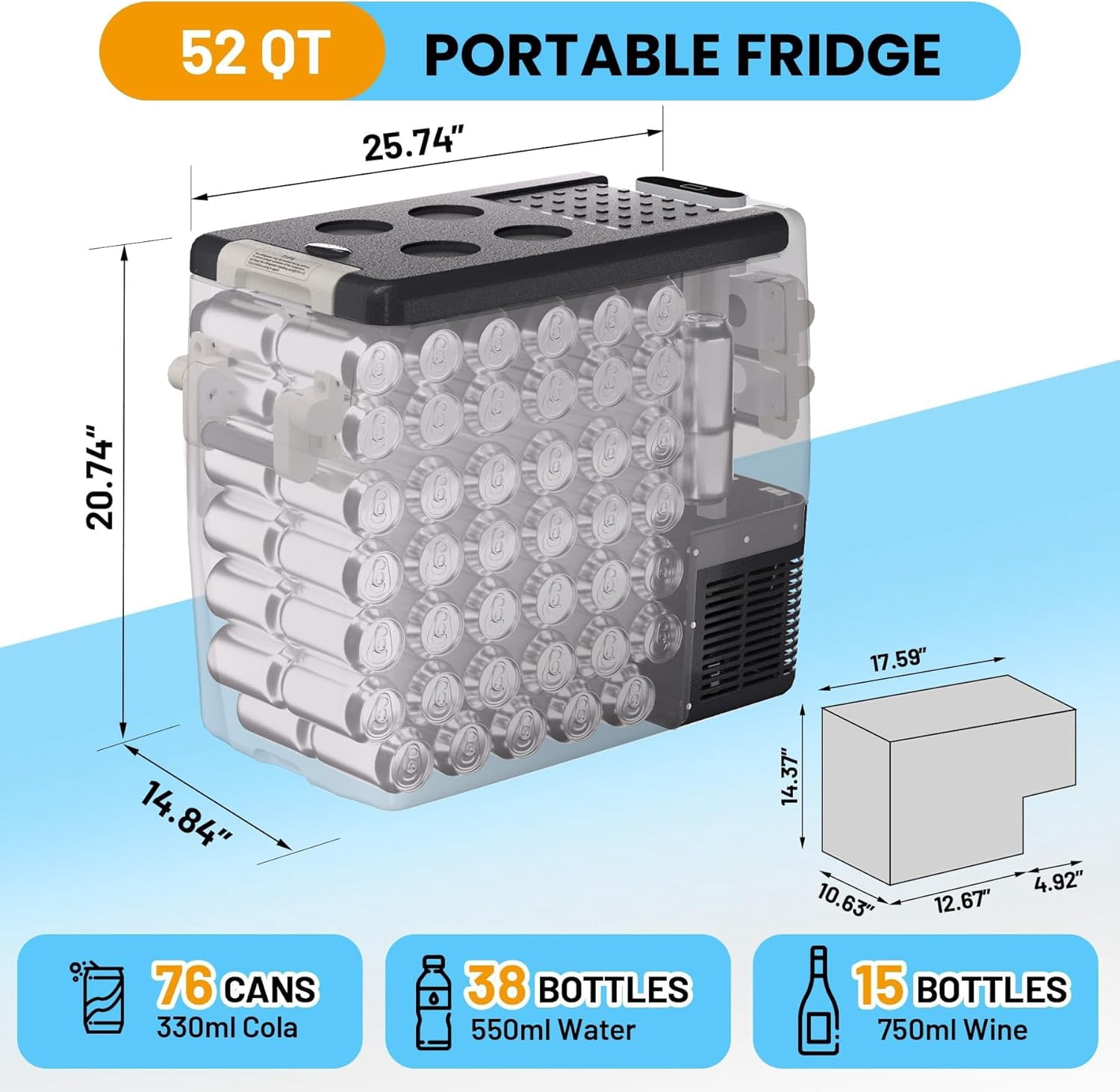 IdealHouse 12V Portable Car Refrigerator Freezer, 52QT with -4℉ to 50℉ Adjustable Temperature, 12/24V DC & 110-240V AC Compressor Fridge, Fast Cooling for Camping, Travel, Truck