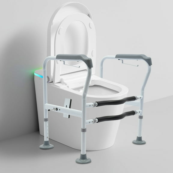 Floor-Standing Toilet Safety Frame with Bathroom Grab Bars, Seat, Armrest, White, 330 Lb Limit