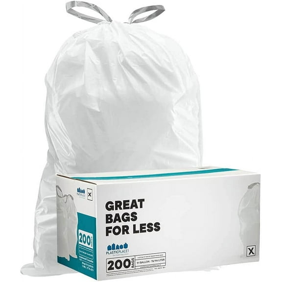 Plasticplace Custom Fit Trash Bags, Compatible with simplehuman Code X (200 Count) White Drawstring Garbage Liners 21 Gallon/ 80 Liter, 26" x 24.5"