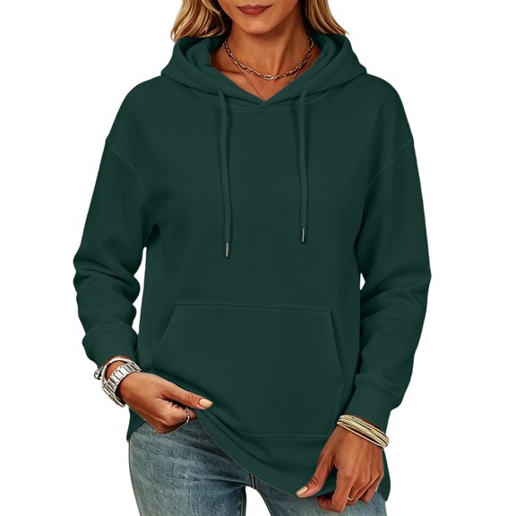 Womens Hooded Pullover Sweatshirts with Front Pocket,Solid Color Long Sleeve Tops for Casual Sporty Style Dark Green XL