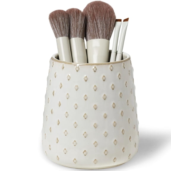 12 Oz Ceramic Makeup Brush Holders, Farmhouse Bathroom Vanity and Countertop, Brushes Cup for Bathroom Cosmetics, Lipsticks, Vanity Desktop Storage (Vintage White)
