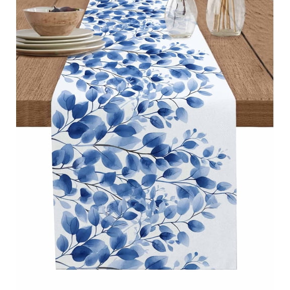 Elegant Leaf Table Runner 72 Inches, Blue Leaves Summer Botanical Plants Bed Runner Dresser Scarves Tabletop for Indoor Outdoor Parties/Ceremony/Banquet, 14" x 72"