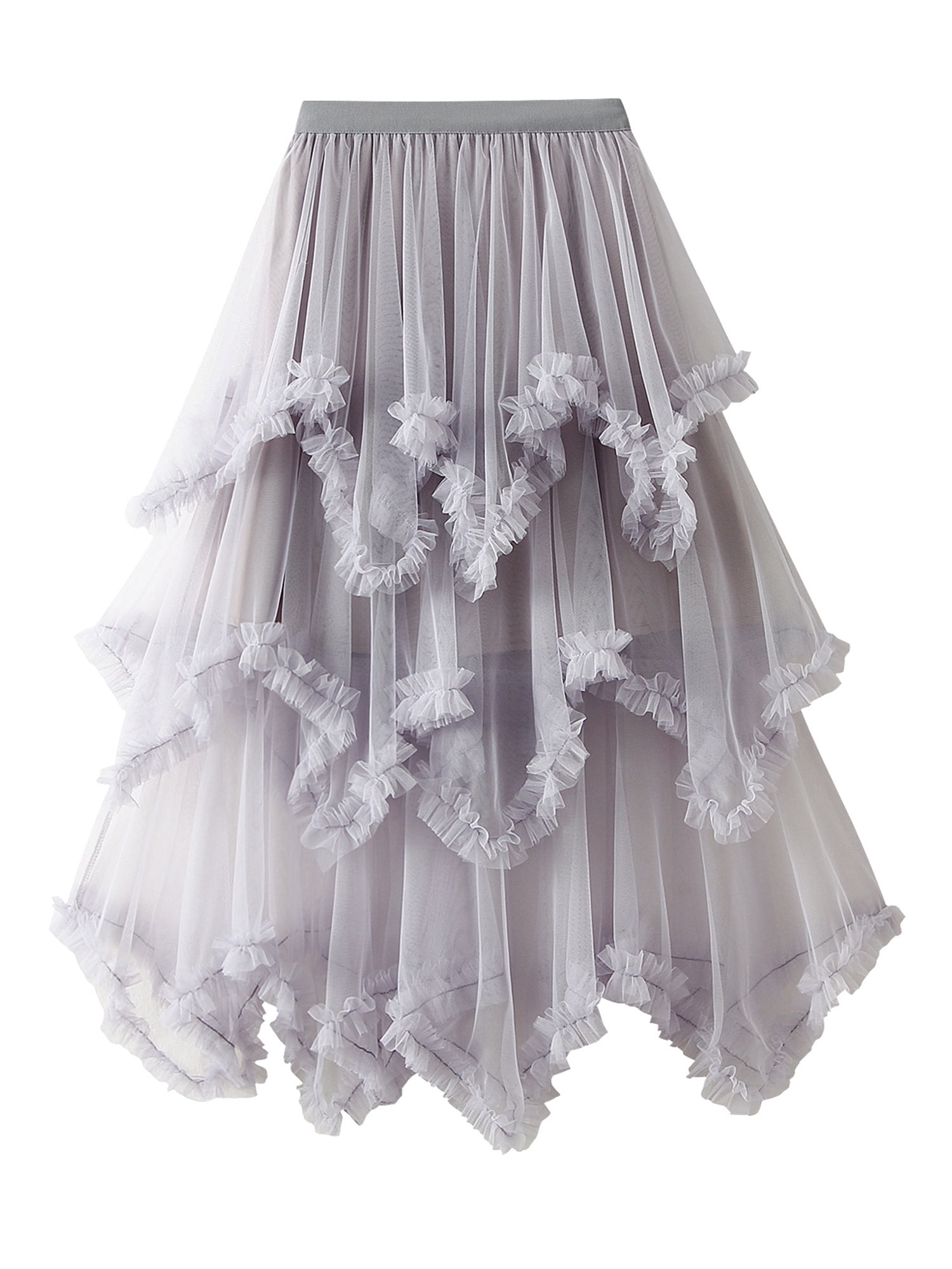 Biekopu Women Layered Tulle Long Skirt, Fashion High Waist Solid Color Frill Trim Ruffle Midi Skirt