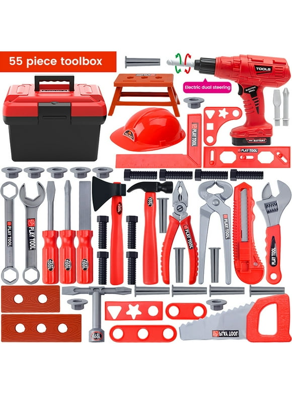 55pcs Kids Tool Set,Pretend Play Construction Toys with Tool Box & Electronic Toy Drill Christmas Birthday Gift for Toddlers Little Boys Girls