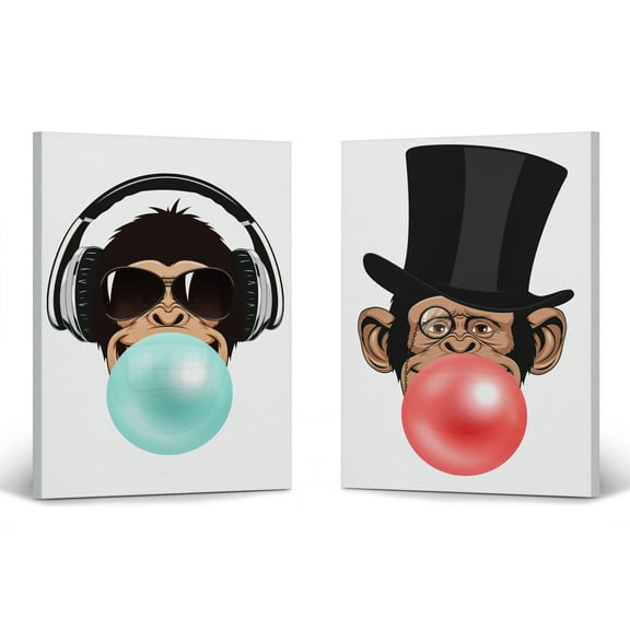 Smile Art Design Funny Monkeys DJ and Senior Animal Bubble Gum Art 2 PANEL CANVAS PRINT SET Red and Blue Chewing Gum Wall Art Home Decor Living Room Kids Room Made in USA 40x30