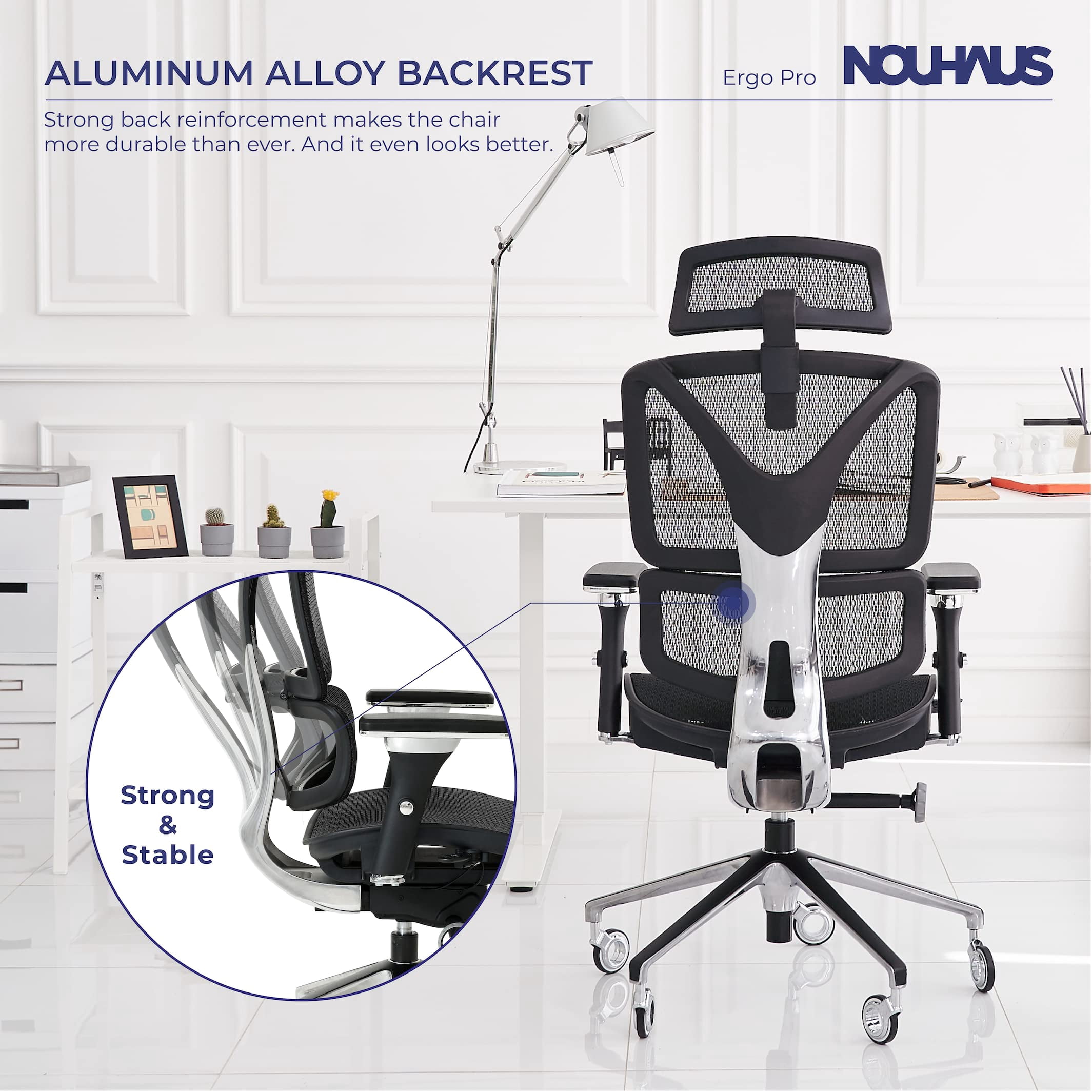 NOUHAUS ErgoPRO Mesh Ergonomic Swivel Office Chair with Adjustable Armrests, Lumbar Support, Headrest for Home Office, Black