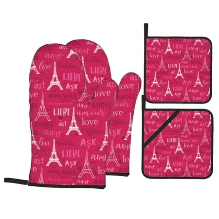 

Oven Mitts and Pot Holders Sets 4 pcs - red Tower love Heat Resistant Silicone Oven Gloves with Non-Slip Silicone Surface and hot pads for kitchen Baking Cooking BBQ