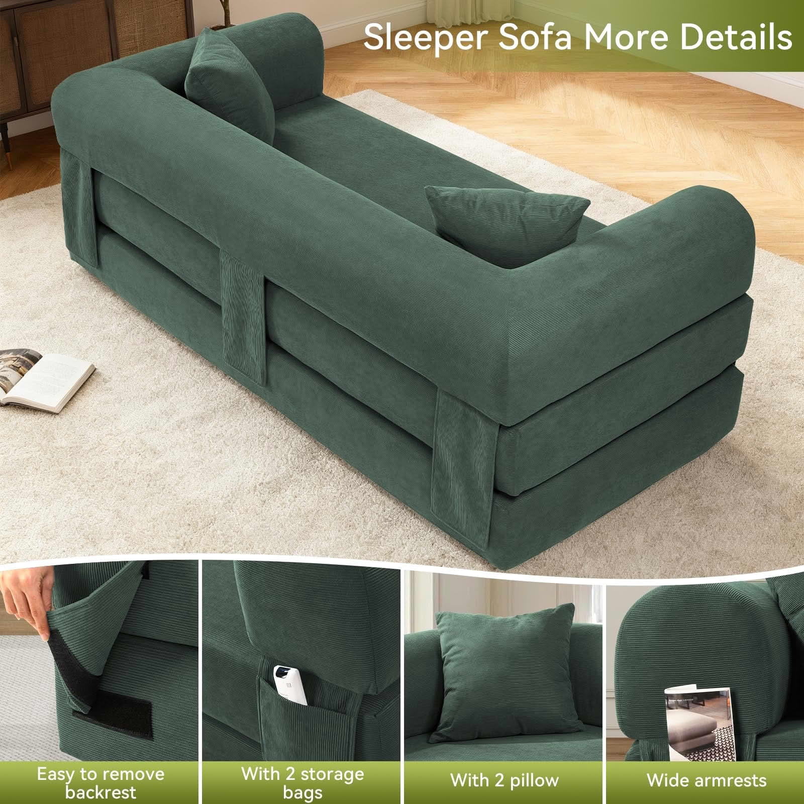 MAYEERTY 80" Light Green Corduroy Convertible Sofa Bed, 600lbs Queen Size Fold Out Sleeper Couch with Storage & No Assembly for Living Room