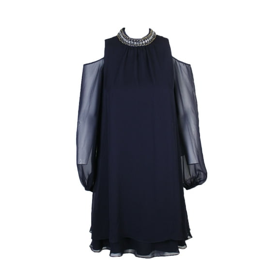Xscape Womens Deep Navy Beaded Choker Neck Cold Shoulder Shift Dress 8