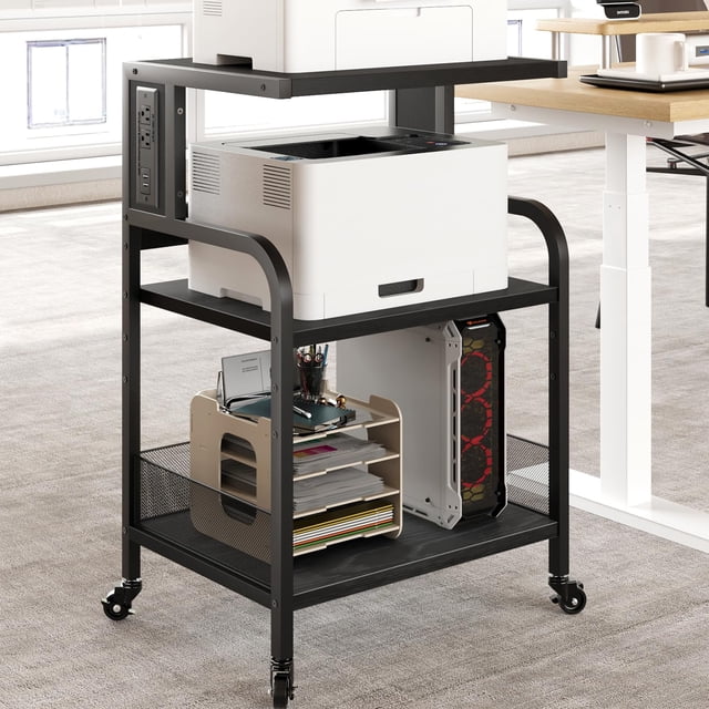 QinaQin Industrial-Grade Three-Tier Scroll Printer Trolley, Gray Printer Stand, with Power Socket, USB Charging Port, Adjustable Storage Shelf and Metal Frame