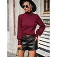 thumbnail image 6 of Women'S Fall Winter High Neck Sweaters for Women Lantern Sleeve Knitted Pullover Sweater Jumper Tops Wine Red L, 6 of 8