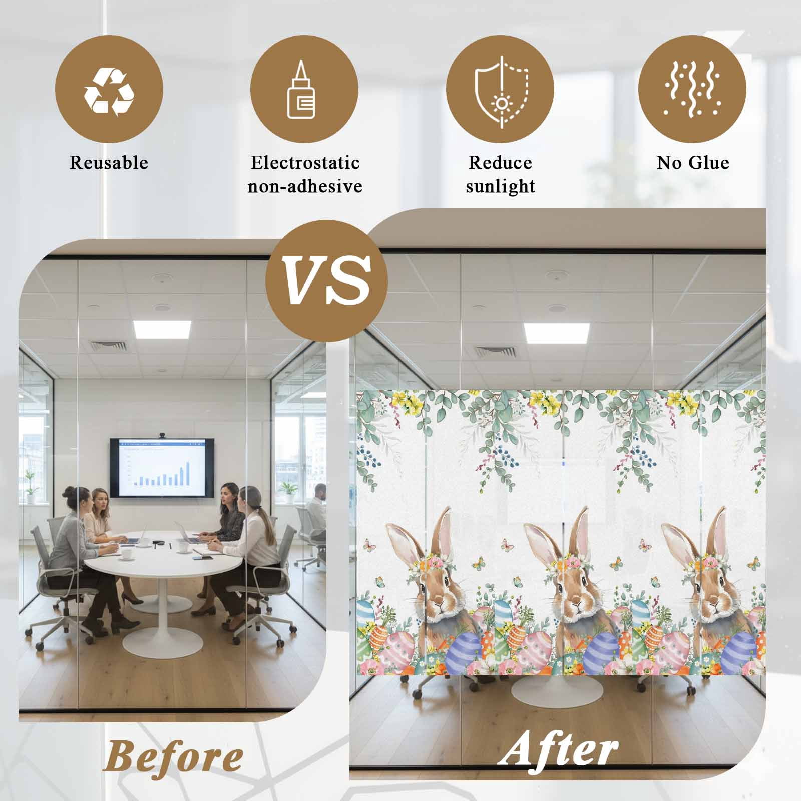 Easter Rabbit Window Privacy Film, Watercolor Floral Bunny Colored Eggs Leaf Frosted Glass Window Clings Static Cling UV Heat Blocking Reusable Door Sticker for Bathroom 35.4 x 78.7 Inch