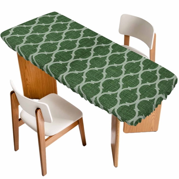 Dark Green Moroccan Table Cloths for 8 Foot Rectangle Tables, Middle Century Quatrefoil Plaid Art Patio Waterproof Elastic Fitted Tablecloths, Washable Rectangular Table Cover for Camping