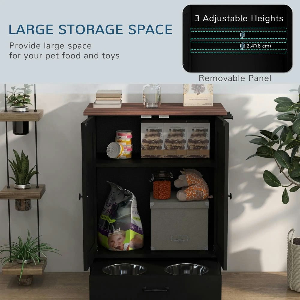 Barara King Pet Feeding Station, Dog Bowls, Dog Food Storage Cabinet w/ Raised Dog Bowls, Adjustable Panel, Hooks, Black