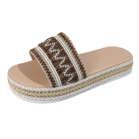 

PMUYBHF Female Womens Slippers Size 10.5 Ladies Fashion Ethnic Style Woven Print Open Toe Flat Bottom Beach Sandals 37 Coffee