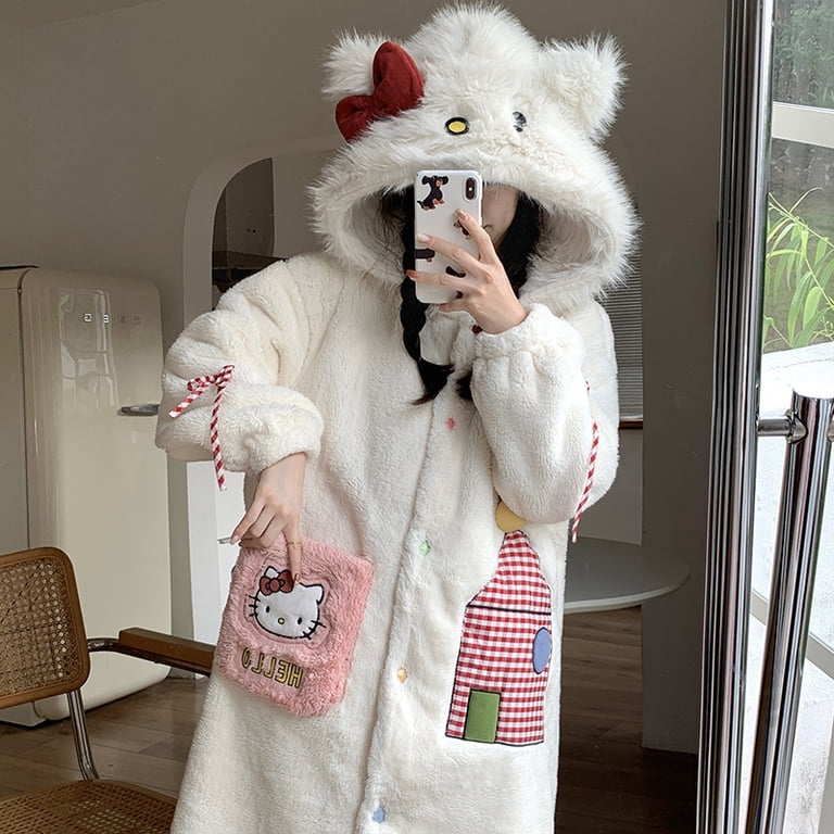 Hello Kitty Plush Sleep Robe and Pajama Pants Set for Women,Cozy