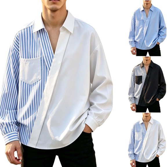 Men's Patchwork Striped Placket Shirts Long Sleeve Fashion Blouse