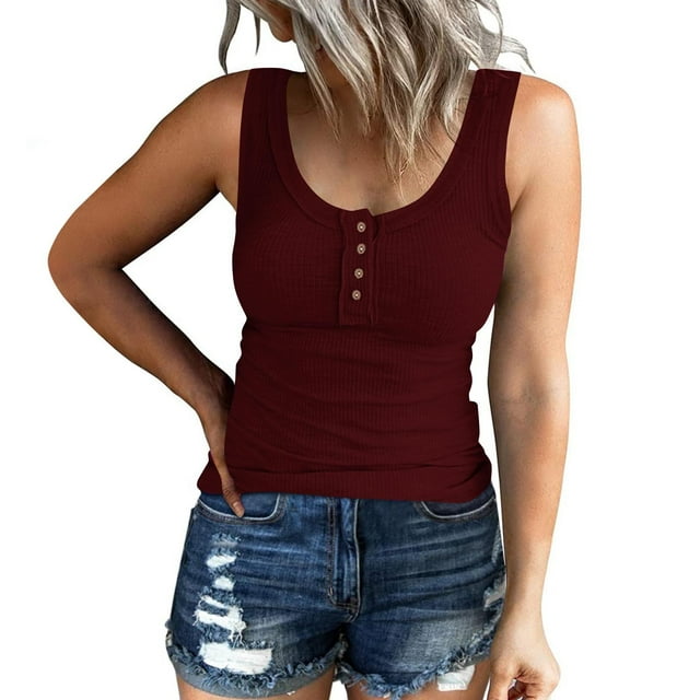 aidice Going out Tops for Women Ribbed Button Round Neck Sleeveless Slim Fitted Comfy Summer Casual Tank Tops