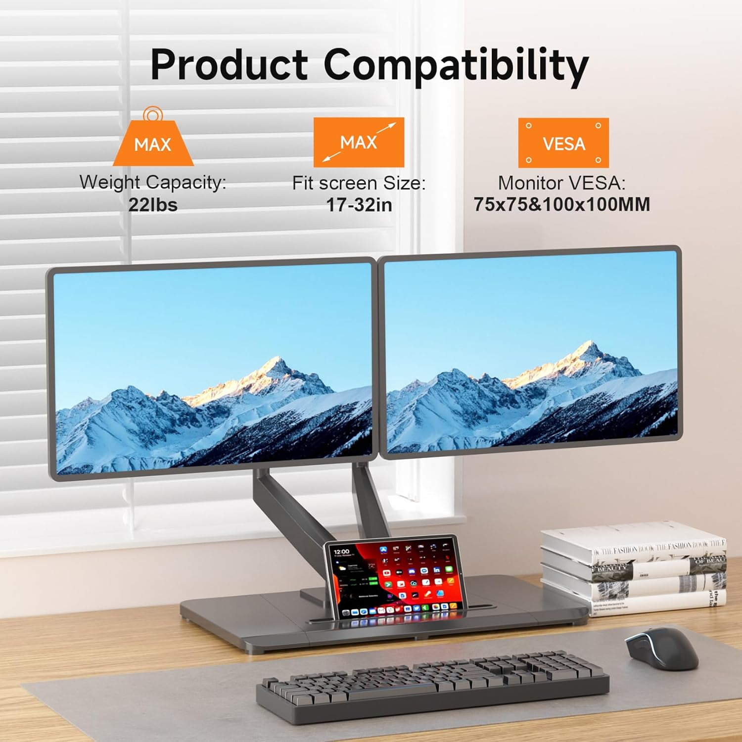 Adjustable Dual Monitor Arms with Gas Spring for 17-32 inch Screens,Pneumatic Dual VESA Monitor Mount with Base,Freestanding Full Motion Dual Monitor Desk Stand Holds  to 22 lbs Each.