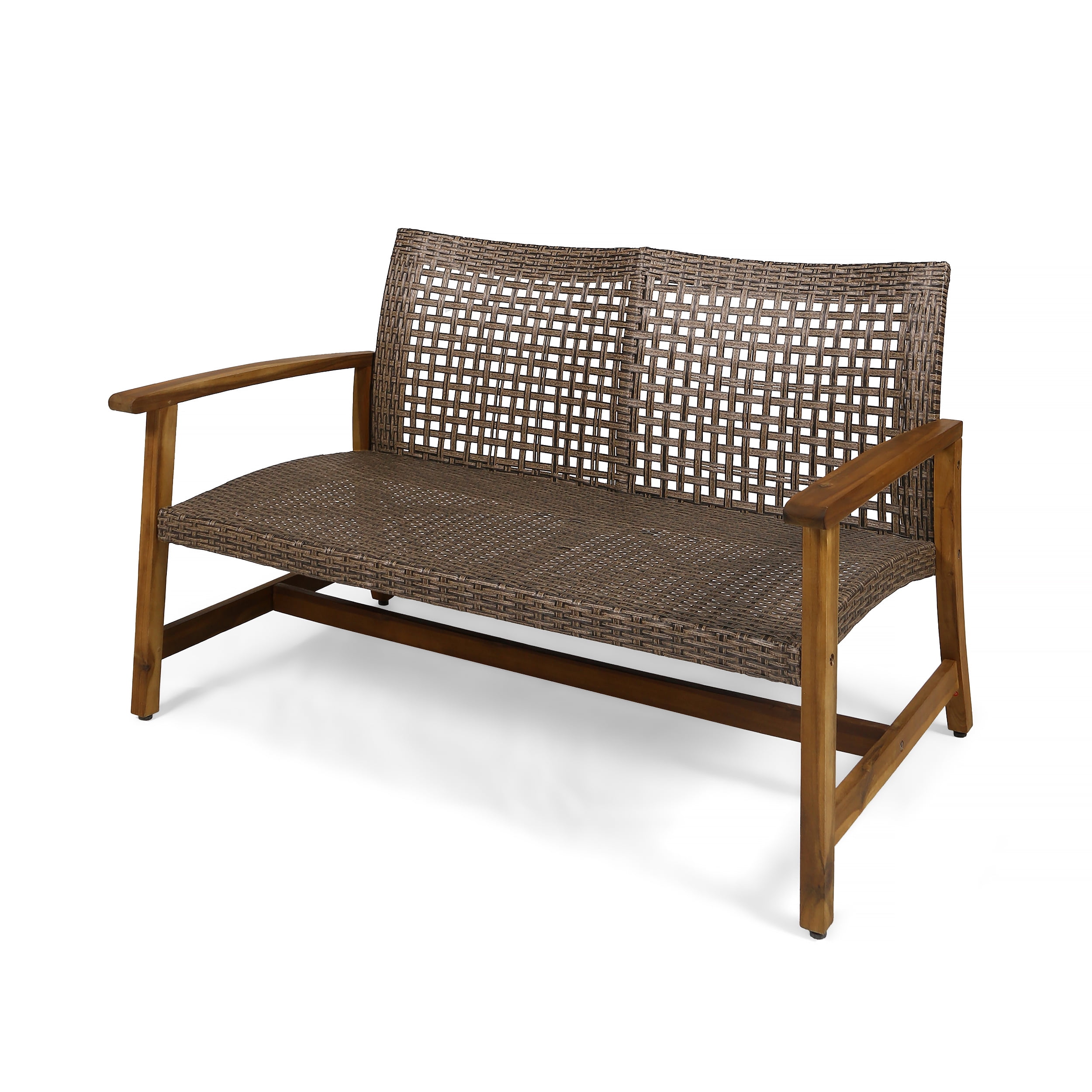 Outdoor Wood Woven Combined Double Seat Loveseat, Mixed Material Leisure Sofa for Patio Garden, Multi Brown and Gray