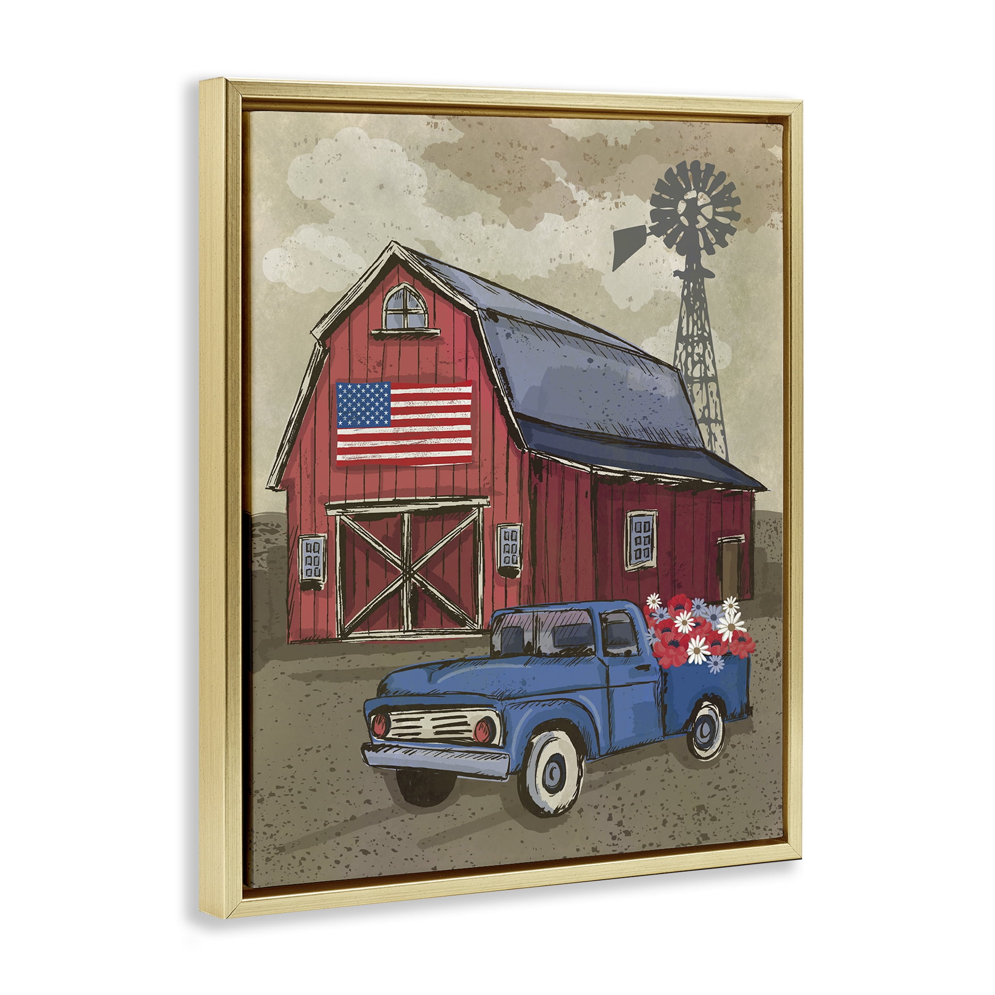 Stupell Industries Vintage Americana Barn Patriotic Painting Gold Floater Framed Canvas Art Print Wall Art, 25 x 31