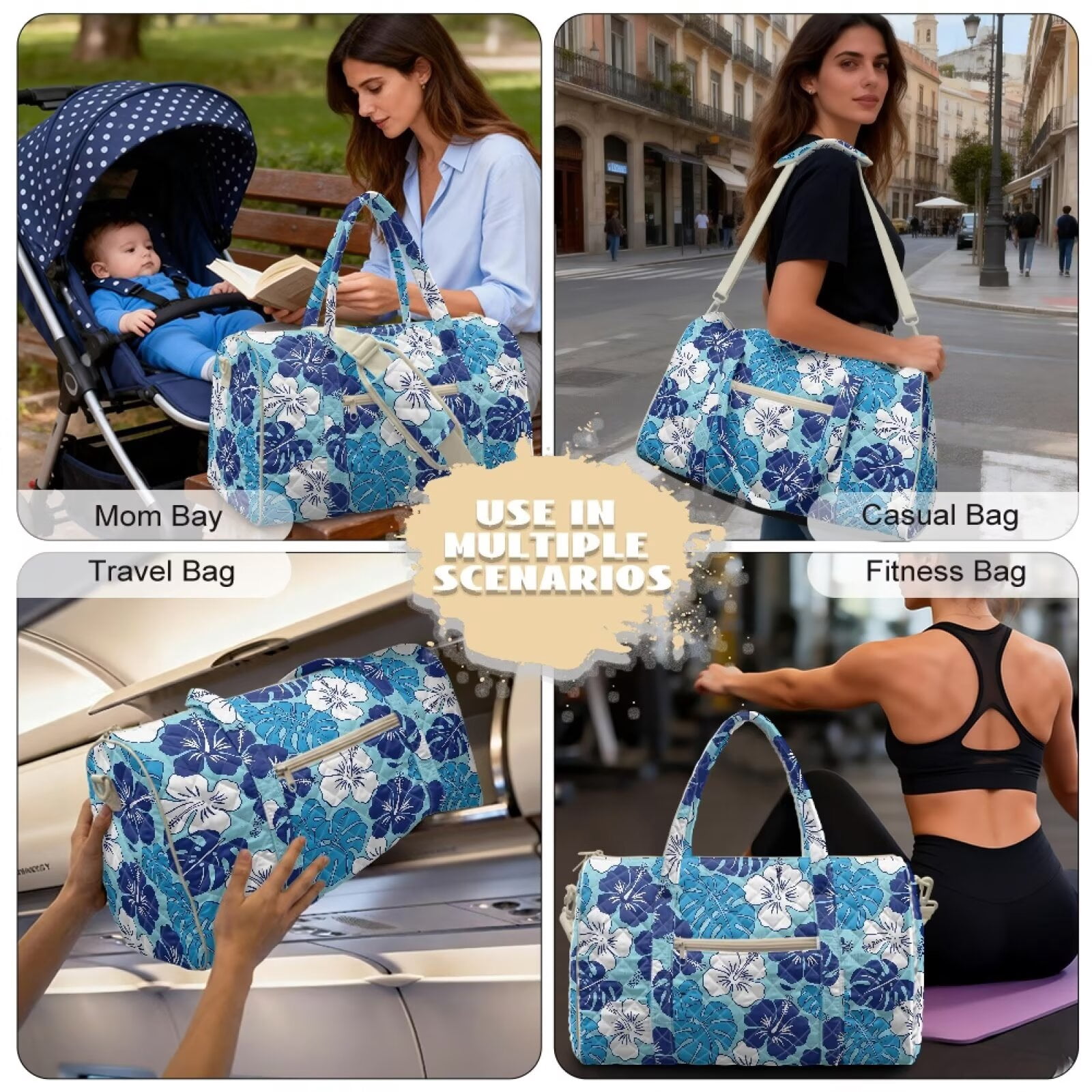 Garronmavis Blue Floral Print Quilted Duffle Bag for Women, Large Weekender Overnight Gym Bag with Luggage Sleeve, Carry On Travel Bag for Airplane Trips