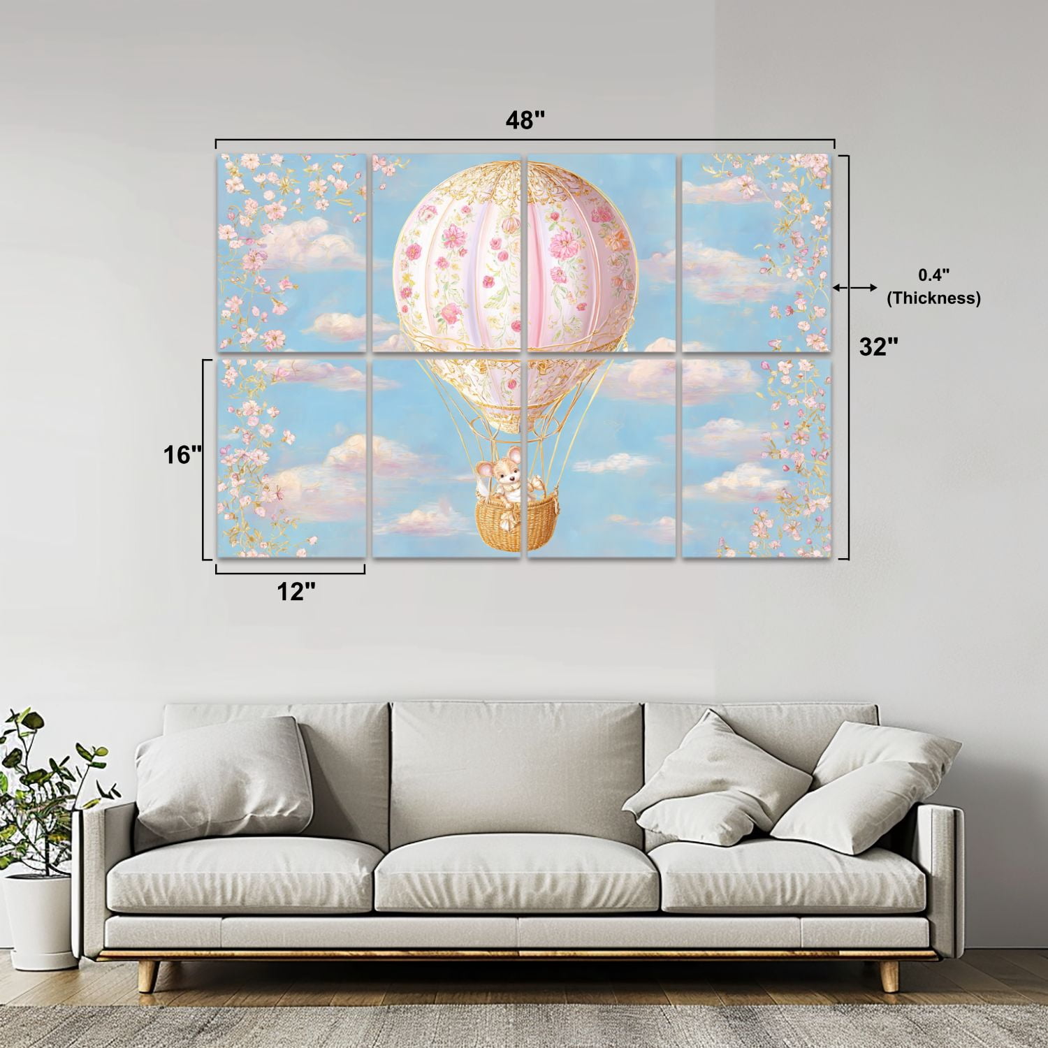 8 Pack Art Acoustic Panels Whimsical Hot Air Balloon Floral Cute Mouse Sky Self Adhesive Sound Absorbing Panels for Home Office Studio Media Room 48"x32"