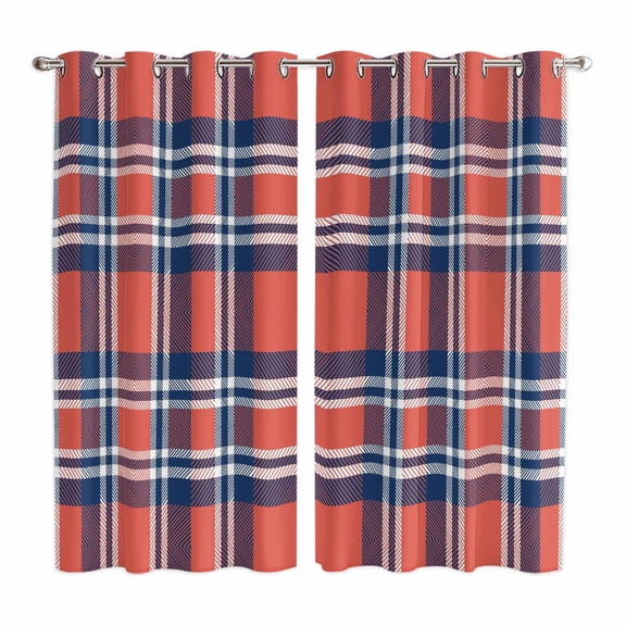 Orange Blue Kitchen Curtains 63 Inch Length, British Style Buffalo Plaid Lattice Grommet Top Bedroom Living Room Curtains, Light Filtering Cafe Curtain Drapes 2 Panels Set 84''x63''