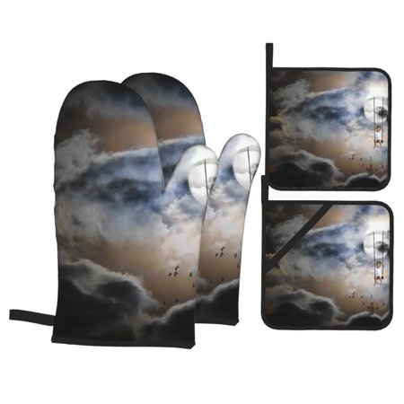 Moon Moonlight Oven Mitts And Pot Holders Sets Baking Sets For Kitchen Bbq Gloves Heat Resistant Cooking Dream World Dream Night Mystical 4 Pcs