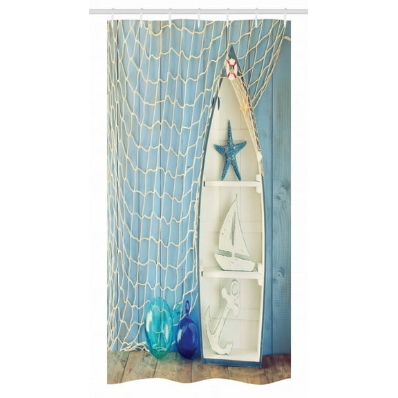 Nautical Stall Shower Curtain, Sea Objects on Wooden Backdrop with Vintage Boat Starfish Shell Fishing Net Photo, Fabric Bathroom Set with Hooks, 36W X 72L Inches Long, Blue White, by Ambesonne