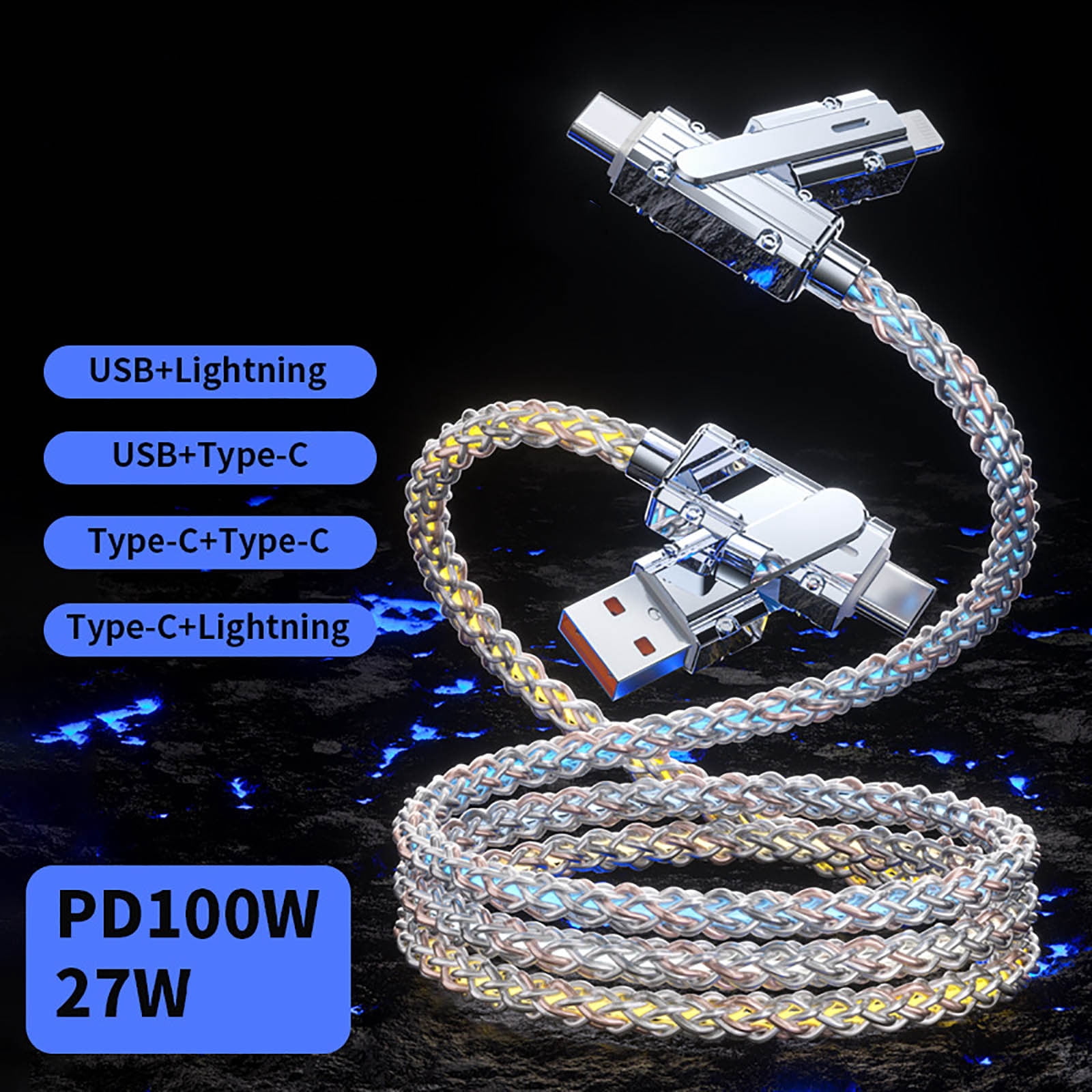 Charging Cable 4-in-1 Fast Charging Data Cable with RGB Colorful Lights 100W Power Delivery Type C Micro USB Multi-Function Charger Cable for Phones Tablets Devices Data Cable