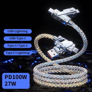Charging Cable 4-in-1 Fast Charging Data Cable with RGB Colorful Lights 100W Power Delivery Type C Micro USB Multi-Function Charger Cable for Phones Tablets Devices Data Cable