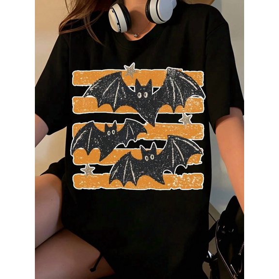 Vintage Halloween Bat Graphic T-Shirt Women's Cute Retro Striped Short Sleeve Top For Autumn Festival Party Outfit