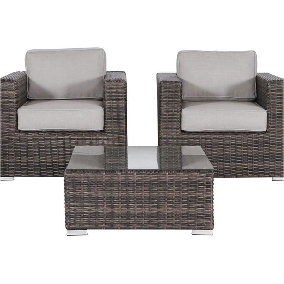 JERFIT 3-Piece Brown Wicker Patio Sofa Set with Cushions, All-Weather Aluminum Frame Outdoor Conversation Set for Garden, Poolside