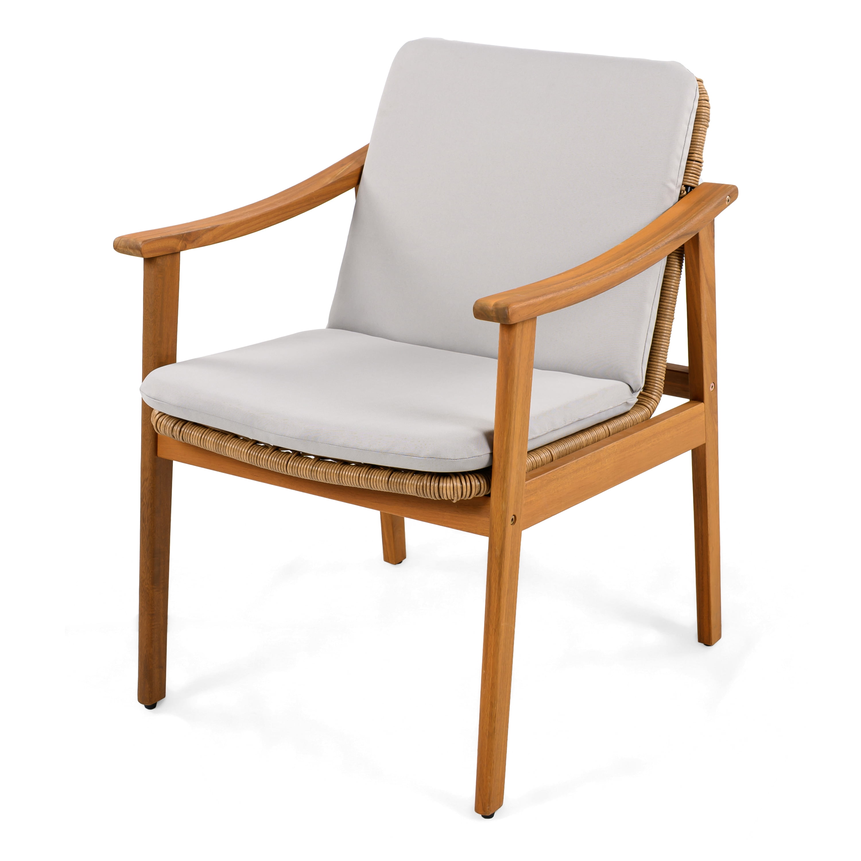Outdoor Dining Chairs Set of 2, Teak Color Acacia Wood Frame Brown PE Wicker Grey Waterproof Cushion, Teak