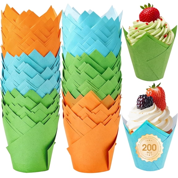 ReLuien 200PCS Tulip Cupcake Liners, Baking Paper Cups, Muffin Liners for Baking, Unbleached Parchment Paper Wrappers, Sturdy, Greaseproof