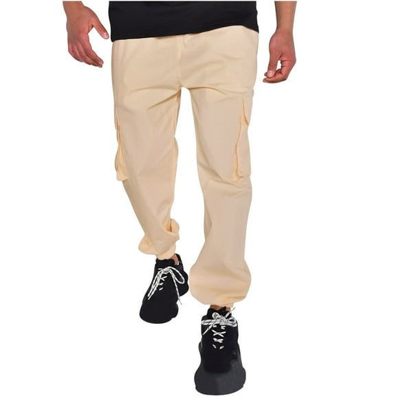 BXINGOHAI Men's Cargo Pants Drawstring Casual Wrinkle-Resistant Harem Pants with Pockets Elastic Waistband Solid Athletic Long Pants Workout Bottoms Khaki,XXXL