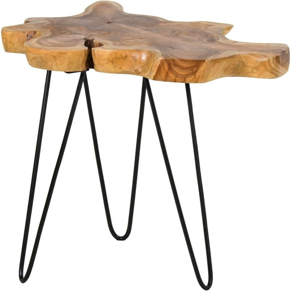 East at Main Sustainable Teak Wood Table with Metal Legs - Modern Tree Stump End Table for Living Room, Bedroom,  Stand